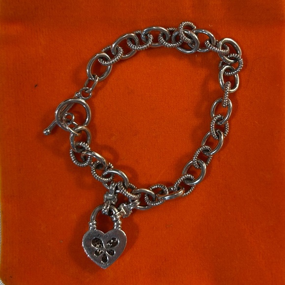 Sterling Silver 925 Diamond Heart Charm Rolo Link Toggle Bracelet Signed KRN - Picture 2 of 16